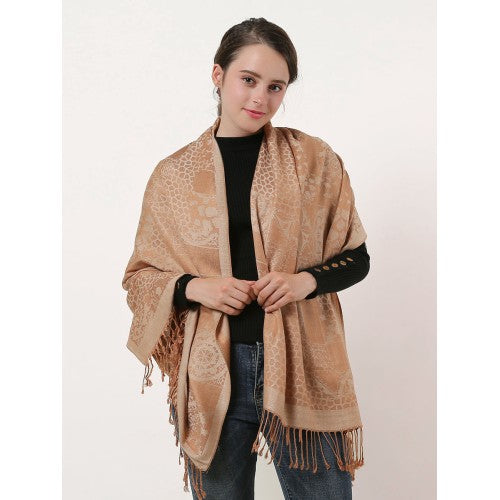 SF1135 Beige - Retro Pattern Scarf With Tassels