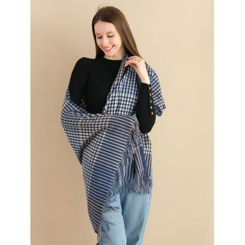 SF1255-NAV Newest Fashion Scarf Checkered With Tassel Ends