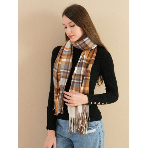 SF1257-1BRN Autumn &amp; Winter Plaid Scarf Tassel ends Cashmere