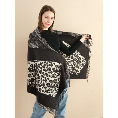 SF1338-BLK Multi Element Collocation Scarf Leopard Print &amp; Snake Print Cashmere