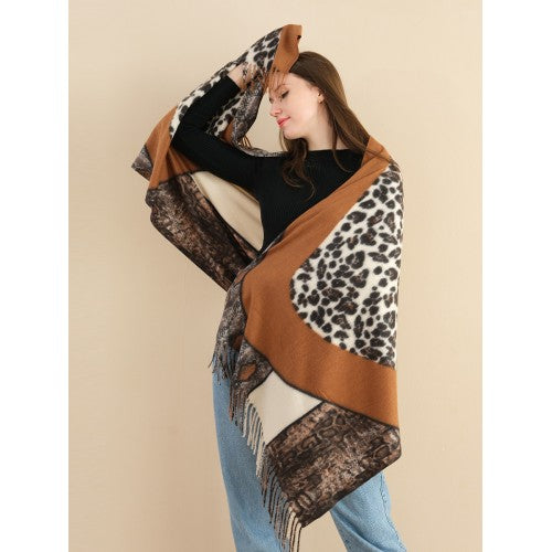 SF1338-BRN Multi Element Collocation Scarf Leopard Print &amp; Snake Print Cashmere