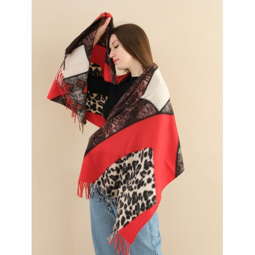 SF1338-RED Multi Element Collocation Scarf Leopard Print &amp; Snake Print Cashmere