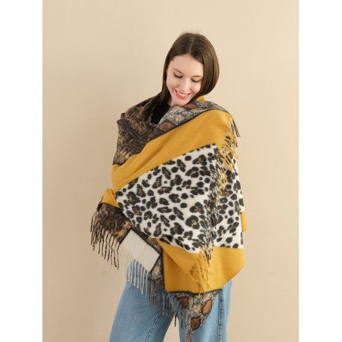 SF1338-YLW Multi Element Collocation Scarf Leopard Print &amp; Snake Print Cashmere