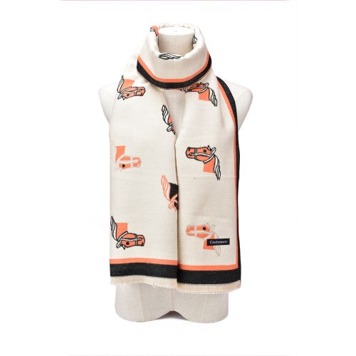 SF1500-WHITE Cashmere Scarf With A Horse Head Pattern