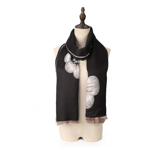 SF1505-BLACK Large Floral Design Cashmere Scarf