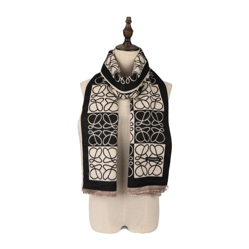 SF1507-BLACK Cashmere Scarf With Symmetrical Threads Blended With Blocks