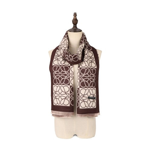 SF1507-COFFEE Cashmere Scarf With Symmetrical Threads Blended With Blocks