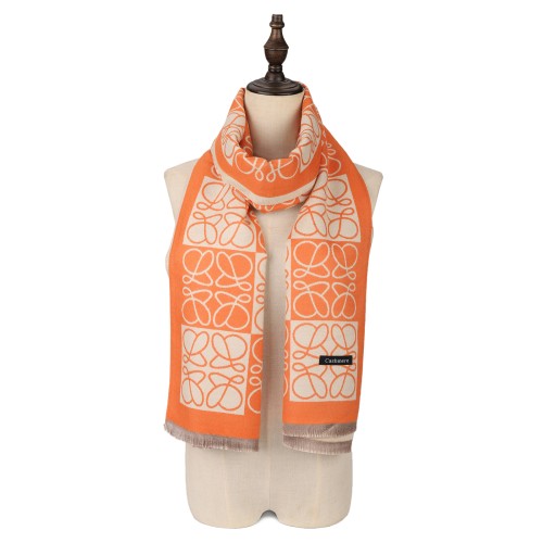 SF1507-ORANGE Cashmere Scarf With Symmetrical Threads Blended With Blocks