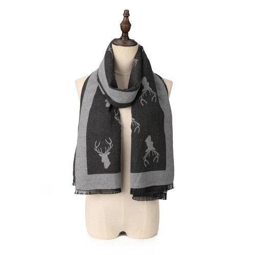 SF1508-BLACK Cashmere Scarf With A Elk Pattern