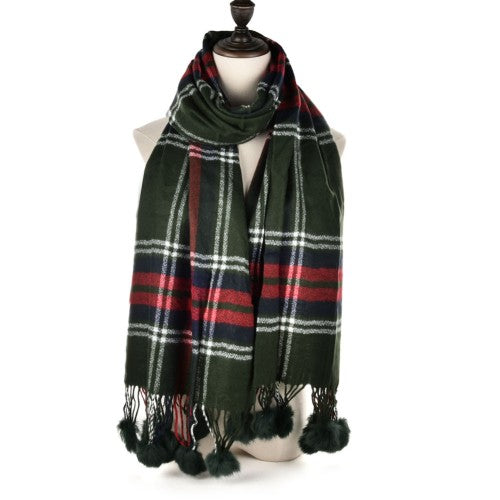 SF957 Green - Plaid Soft Long Scarf With Pom Pom Detail