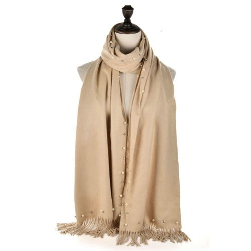 SF959 Beige - Plain Cashmere Pearl Scarf With Tassels