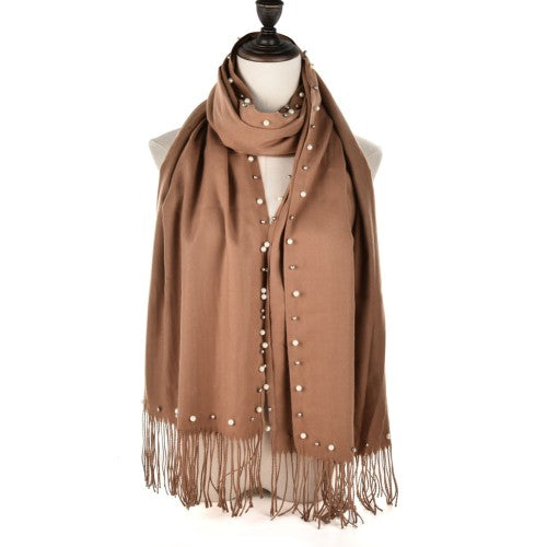 SF959 Camel - Plain Cashmere Pearl Scarf With Tassels