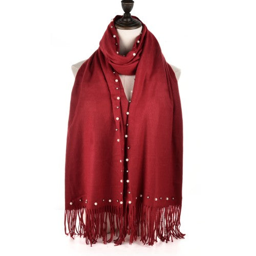 SF959 Purlish Red - Plain Cashmere Pearl Scarf With Tassels