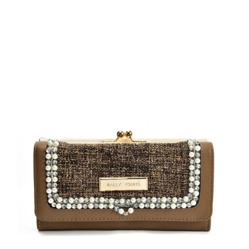 KHAKI - Luxury Wallet With Pearl Mosaic